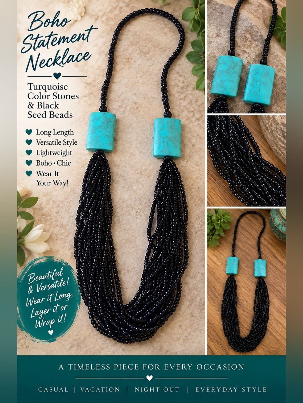 Boho Turquoise & Black Seed Bead Statement Necklace